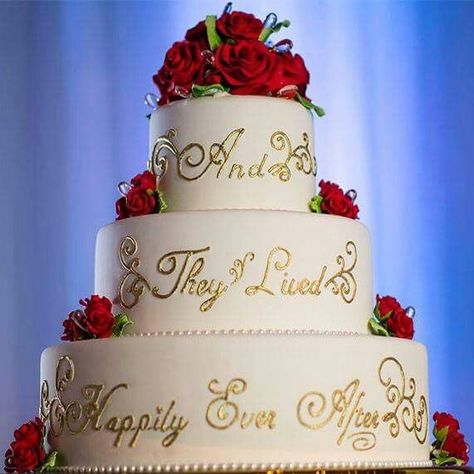 And they lived happily ever after - fairy tale wedding cake with red roses Beauty And Beast Wedding, Disney World Wedding, Disney Wedding Cake, Disney Inspired Wedding, Disney Wedding Theme, Disney Fairy Tale Weddings, Disney Cakes, Wedding Cupcakes, Fairy Tale Wedding