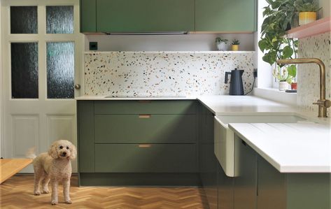 Our clients sought a cool and contemporary look for their kitchen and utility room in their Ipswich townhouse. Terrazzo Splashback, Kitchen With Terrazzo, Kitchen Terrazzo, Terrazzo Kitchen, Kitchen And Utility, Townhouse Kitchen, Ipswich Suffolk, Plywood Kitchen, Victorian Townhouse