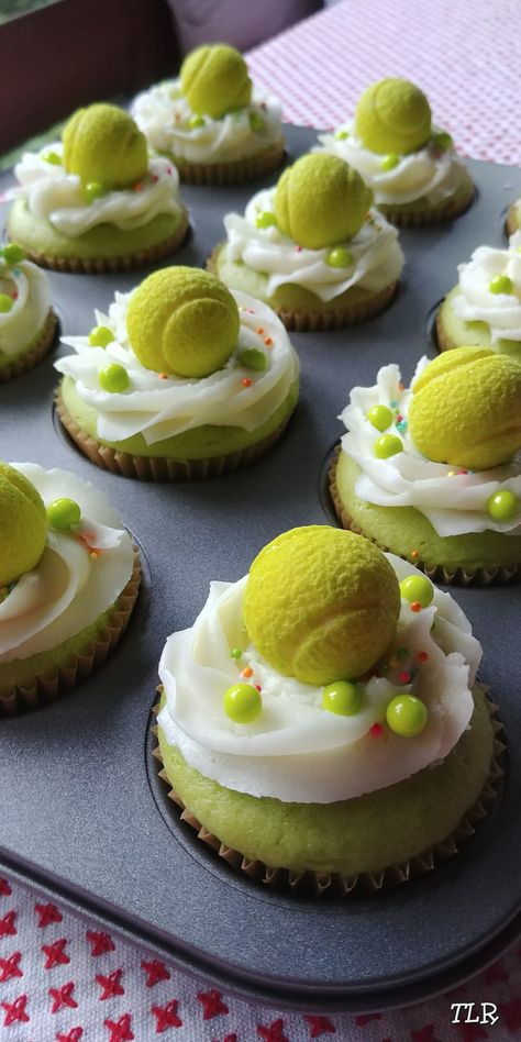 Tennis Theme Cupcakes, Tennis Ball Themed Dog Party, Tennis Ball Cupcakes, Tennis Cupcakes Ideas, Tennis Desserts, Pickleball Cupcakes, Tennis Party Ideas, Tennis Cakes, Tennis Food