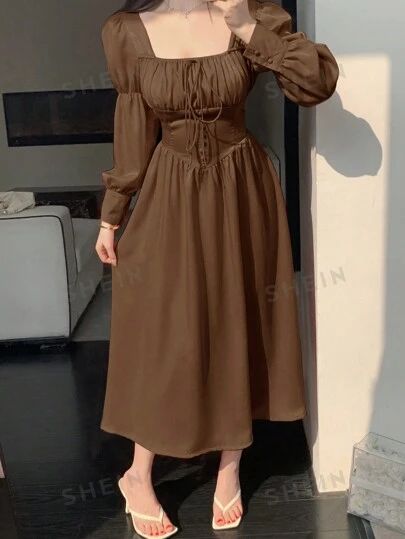 Cute Brown Dress Outfits, Brown Dress Long Sleeve, Brown Midi Dress Outfit, Brown Dresses Outfit, Midi Dress Outfit, Brown Flares, Brown Midi Dress, Frock For Women, Dresses Aesthetic