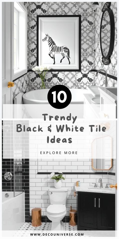 Elegant and functional black and white tile ideas will enhance your bath experience. Find the perfect balance of style and practicality. (Pin this for your bathroom decor!) Black And White Guest Bathroom Ideas, White Tile Bathroom Ideas, Black And White Subway Tile, Black And White Tile Bathroom, White Tile Bathroom, Black And White Bathrooms, Tile Bathroom Ideas, Black And White Tiles Bathroom, Black And White Tile