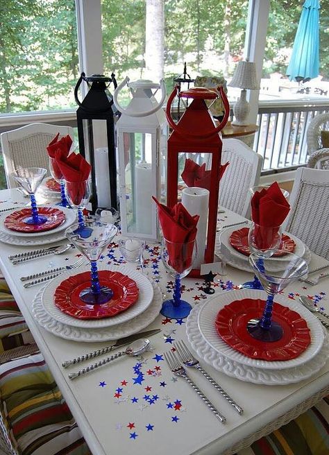 Fourth of July inspired table decor, table set-up Fun Tablescapes, Red White And Blue Decorations, Blue Tablescape, Patriotic Tablescapes, Barbecue Table, Blue Decorations, Independent Day, Summer Tablescapes, Festive Tablescape