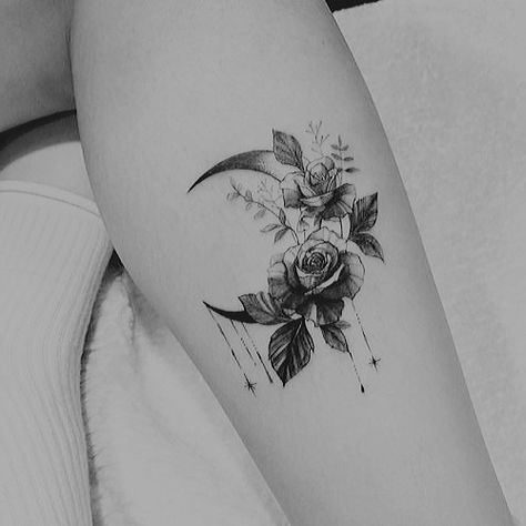 Moon Flower Butterfly Tattoo, Moon Upper Arm Tattoo, Rose And Moon Tattoo, Floral Moon Tattoo, Rose Tattoo Designs For Women, Moon And Flower Tattoo, Moon Tattoo Wrist, Celtic Tattoo For Women, Tattoos Moon