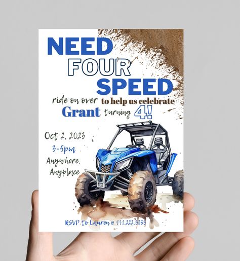 Need four (for) speed ATV side by side theme 4th birthday boy invitation, rev your engine shift into gear, dirt, mud, printable, digital Four Wheeler Themed Birthday Party, Off Road Themed Birthday Party, Atv Party Ideas, Atv Birthday Party Ideas, Four Wheeler Birthday Party, Dates Background, Need Four Speed, Dirty 30 Birthday Party, 4th Birthday Boys