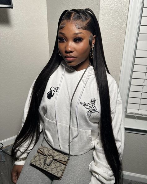 𝚙𝚒𝚗 | 𝚑𝟶𝟶𝚍𝚛𝚒𝚌𝚑𝚟𝚊𝚌𝚊 | 2 Pigtails Half Up Half Down Straight Hair, Wig Style Ideas Black Women, Frontal Hairstyles Ideas Straight, Straight Hair Wig Styles, Dope Hairstyles Black Women, Lace Wigs Styles, Two Ponytails, Frontal Wig Hairstyles, Quick Weave Hairstyles