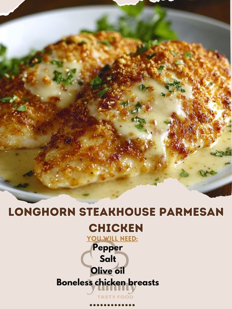 🍗 Enjoy the savory flavors of Longhorn Steakhouse Parmesan Chicken—cheesy, crispy, and oh-so-satisfying! 😋✨ #ParmesanChicken #CheeseLovers Longhorn Steakhouse Parmesan Chicken Ingredients: Boneless chicken breasts (4) Olive oil (2 tbsp) Salt (to taste) Pepper (to taste) Garlic powder (1 tsp) Grated Parmesan cheese (1/2 cup) Provolone cheese (4 slices) Panko breadcrumbs (1/2 cup) Ranch dressing (1/4 cup) Instructions: Preheat oven to 350°F (175°C). Season chicken with salt, pepper, and gar... Longhorn Steakhouse Parmesan Chicken, Longhorn Copycat Recipes, Crispy Parmesan Chicken, Cheesy Chicken Recipes, Chicken Breast Dishes, Chicken Thights Recipes, Best Freeze Dried Food, Season Chicken, Longhorn Steakhouse