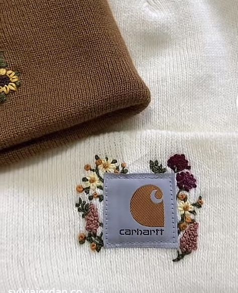 Cathartic Hat Embroidered, Carhartt Beanie Embroidery Flowers, Embroidered Hat Ideas, Carhartt Embroidered Beanie, Carhartt Hat Embroidery, Beanie Embroidery Ideas, Embroidery On Sweatshirts, Embroidered Hats Ideas, Carhartt Hats