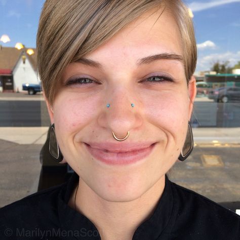 Her high nostrils have little turquoise prongs from Neometal in them and her 12g rose gold septum clicker is from BVLA. Types Of Nose Piercings, Types Of Nose, High Nostril Piercing, Gold Septum, Stretched Lobes, Face Piercings, Nose Piercings, Aztec Warrior, Nose Piercing Jewelry