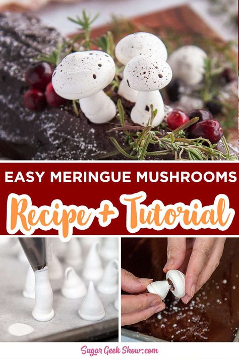 Meringue mushrooms are delightfully crisp and light as air. They make the perfect addition to your Buche de Noel cake or for a whimsical woodland party theme. Meringue mushrooms look so fancy but are super simple to make. You can make meringue mushrooms days in advance or even freeze them to eat later. #Christmas #meringue #buchedenoel #desserts #holiday Alaska Woods, Whimsical Desserts, Noel Cake, Christmas Meringue, Woods Party, Meringue Mushrooms, Easy Meringues, Desserts Holiday, Mushroom Cake