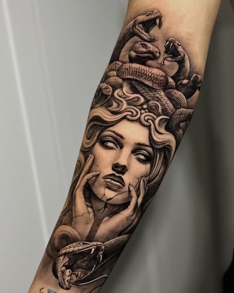 26 Medusa Tattoo Designs That Scream For Female Empowerment Medusa Tattoo On Shin, Medusa Sleeve Tattoo Design, Sleeve Tattoos Medusa, Medusa Bicep Tattoo, Realistic Medusa Tattoo Design, Unique Medusa Tattoo Sleeve, Medusa Tattoo Arm Sleeve, Medusa Stone Tattoo, Woman Screaming Tattoo