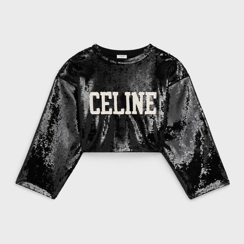 Celine embroidered crop top in Cotton fleece - Black / white | CELINE Celine Crop Top, Celine Clothing, Celine Top, Embroidered Crop Tops, Design Clothes, Airport Fashion, Fashion Design Clothes, Cotton Fleece, Cropped Top