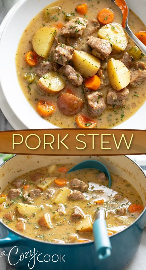 This delicious pork stew is easy to make on the stove top or the slow cooker! It's loaded with tender pork and savory vegetables in a super flavorful broth. Pork Stew Meat Recipes, Pork Stew Meat, Pork Soup Recipes, Slow Beef Stew, Pork Stew Recipes, Pork Casserole, Pork Crockpot Recipes, Cozy Cook, Slow Cooker Recipes Pork