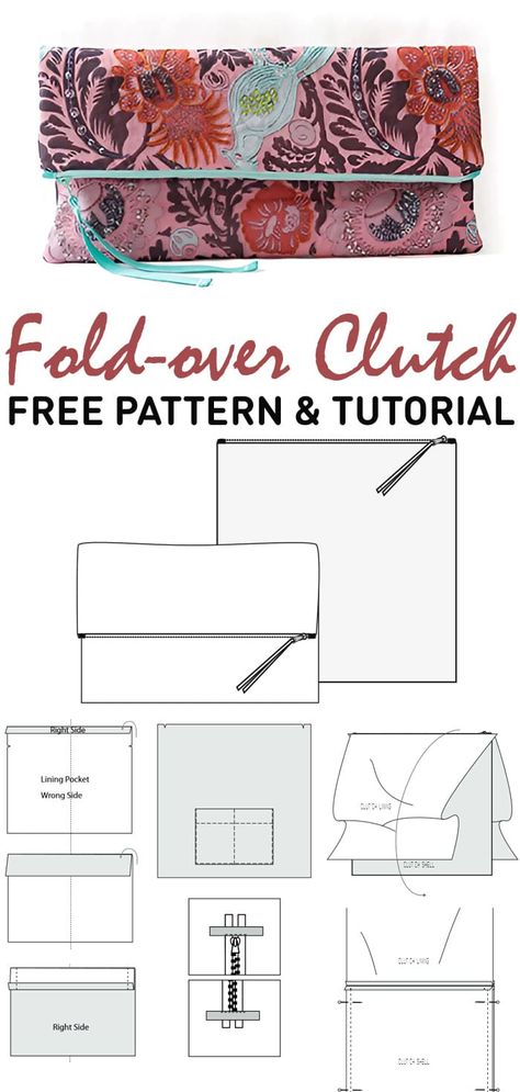 Fold-over Clutch - Free Pattern Fold Over Clutch Pattern Free Sewing, Fold Over Bag Pattern Free, Clutch Pattern Sewing, Clutch Purse Pattern Free, Diy Clutch Purse Tutorial Free Pattern, Diy Purse Patterns Free, Clutch Pattern Free, Flap Bag Pattern, Envelope Clutch Pattern