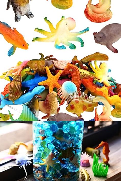 Ocean animal toy, 46 Pack sea animal( no duplicated!!!) + 6 grass, beautifully detailed and made of 100% safety highest quality plastic material! Sea animal toy, approximately 2 inch, creature including Octopus,hippocampus, seahorse, jellyfish, turtle,clown fish, crab,shark Otter and etc Vinyl Plastic, Bath Toy, Sea Animal, Sensory Bin, Clown Fish, Plastic Animals, Ocean Animals, Sensory Bins, Party Cake