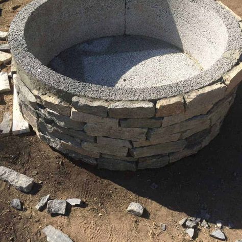 Gravel Patio & Fire Pit Project: Installing Stone Veneer Gravel Patio Fire Pit, Cement Fire Pit, Fire Pit Base, Pagoda Patio, Cement Patio, Pergola Curtains, Gravel Patio, Natural Stone Veneer, Garden Fire Pit