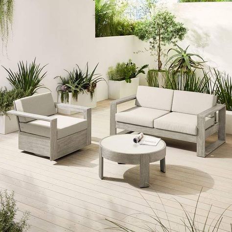 West Elm Portside Outdoor Loveseat, Swivel Chair + Coffee Table Set Patio Lounge Furniture, Small Lounge Chairs, Outdoor Swivel Chair, Small Lounge, Stylish Outdoor Furniture, Concrete Coffee Table, Modern Patio Furniture, Outdoor Loveseat, Chair And Ottoman Set