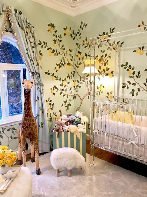 San Francisco Decorator Showcase #genderneutralnursery #baby #lucitecrib #yellow #aqua Amalfi Nursery, Baby Room Ideas Yellow, Lucite Crib, Nursery Ideas Yellow, Baby Room Colorful, Greek Nursery, Yellow Nursery Ideas, Children Room Wallpaper, Yellow Baby Nursery