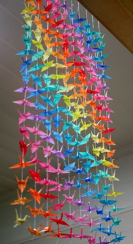 I already know how to make paper cranes, so now I'm wondering if I could do something like this to make a chandelier.  Thoughts? 1000 Paper Cranes, Rainbow Diy, Collaborative Art Projects, Magical Home, Paper Crane, Origami Crane, Collaborative Art, Class Decoration, Origami Crafts