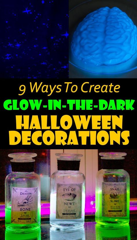 Glow In The Dark Liquid Diy, Glowing Jars Diy, Glowing Halloween Decorations, How To Make Glowing Potions, Glow Stick Halloween Decorations, Diy Glowing Potion Bottles, Glow Halloween Decorations, Halloween Glow In The Dark Decorations, Glow In Dark Halloween Decor