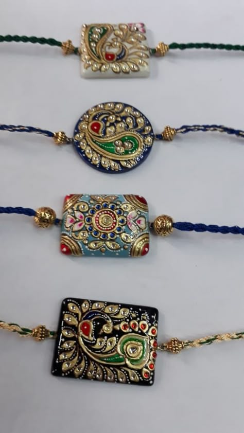 Tanjur Paintings, Resin Jwellary, Polymer Clay Rakhi, Fabric Rakhi, Clay Rakhi, Rakhi Designs Handmade, Dokra Art, Terracotta Decor, Rakhi Special