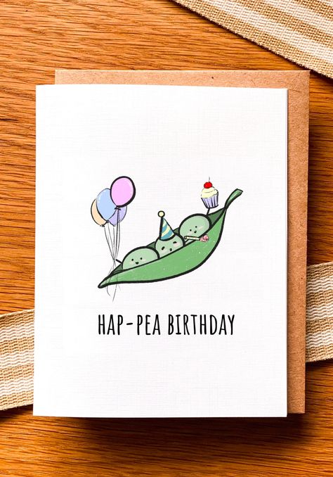 Hap Pea Birthday Card - Sweetpeas Card - Peas with balloons bday Card - kids birthday - Pun card Who doesn't like a good pun for their birthday? This cute little Pea card is perfect t! - Free shipping on all Paintedwaterworks orders $20 and over! They do not have to be the same card! If your purchase from my Etsy store is $20 or more, you will get free shipping!  - SIZE: 5.5 inches by 4.25 inches - Materials: Heavyweight White Linen Textured Card Stock and A2 Size Craft Colored Envelope Cute Homemade Cards Birthday, Happy Birthday Pun Cards, Gardening Birthday Cards, Funny Watercolor Cards, Handmade Birthday Card Ideas Creative, Doodle Birthday Cards, Kids Birthday Cards Handmade, Funny Diy Birthday Cards, Pun Birthday Cards