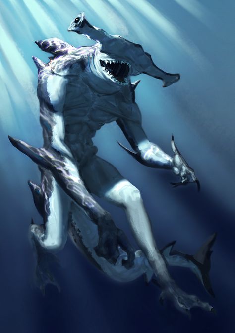 <Martelo de poseidon> •ATK 150 •DEF 50 •MAGIA 50 •ESPÍRITO 0 ●TOTAL 250 Shark Mermaid, Dark Boy, Shark Man, Shark Art, Hammerhead Shark, Monster Concept Art, Fantasy Monster, Fantasy Creatures Art, Mythical Creatures Art