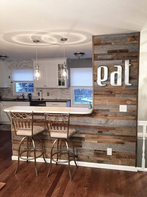 Kitchen Accent Wall, Wood Wall Covering, Reclaimed Wood Accent Wall, Accent Wall In Kitchen, Wood Accent Wall, Wood Boards, Remodeling Mobile Homes, Wood Accent, Kitchen Redo