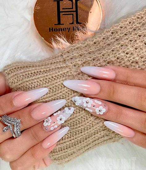 Long almond French ombre nails French Ombre Nails, Ombre French Nails, White Almond Nails, Blue Ombre Nails, Spring Nail Ideas, French Ombre, Spring Acrylic Nails, Pink Ombre Nails, Spring Nail Designs