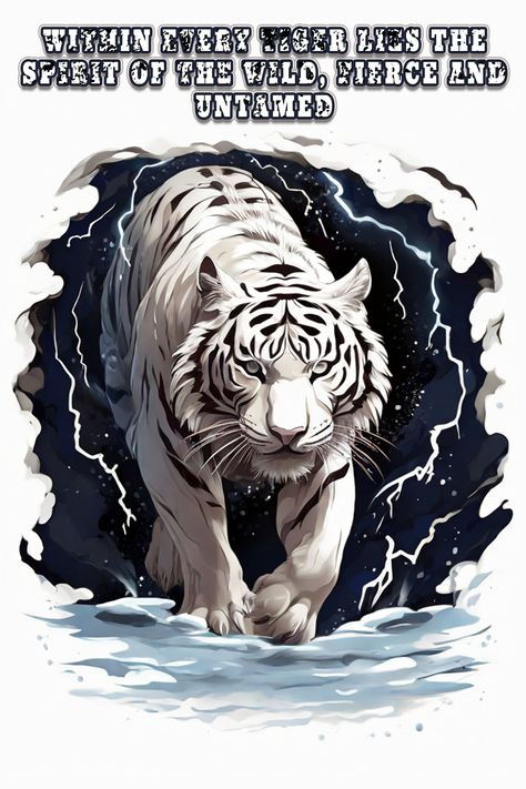 A majestic white tiger prowling amidst crackling lightning bolts in the midst of a swirling snowstorm. Tiger Prowling, Anime Tiger, Lightning Bolts, White Tiger, Snow Storm, Lightning Bolt, Anime, White, Quick Saves