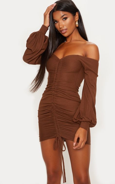 Brown Corset Dress, Brown Bodycon Dress, Brown Corset, Bodycon Dress Formal, Mule Heels, Bardot Neckline, Ruched Bodycon Dress, Brown Fabric, Hem Style