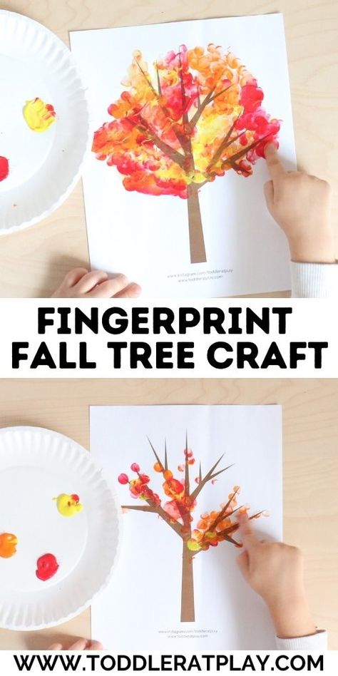 Fingerprint Fall Tree Craft - Toddler at Play Fall Party At School, Fall Nursery Crafts, Nursery Crafts Preschool, Thankful For Preschool, F Crafts Preschool, Fall Painting Crafts, Fall Tree Craft, Fall Crafts For Toddlers, Preschool Crafts Fall