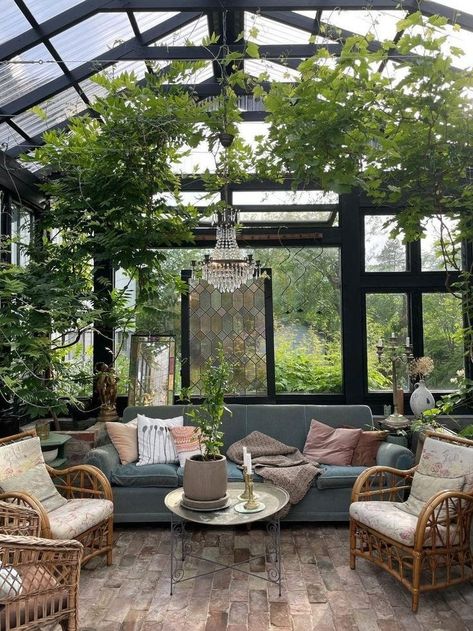 Conservatory Garden Room, Small Solarium, Small Atrium Ideas, Pergola Greenhouse, Small Conservatory Ideas, Solarium Ideas, Small Conservatory, Greenhouse Cafe, Home Greenhouse