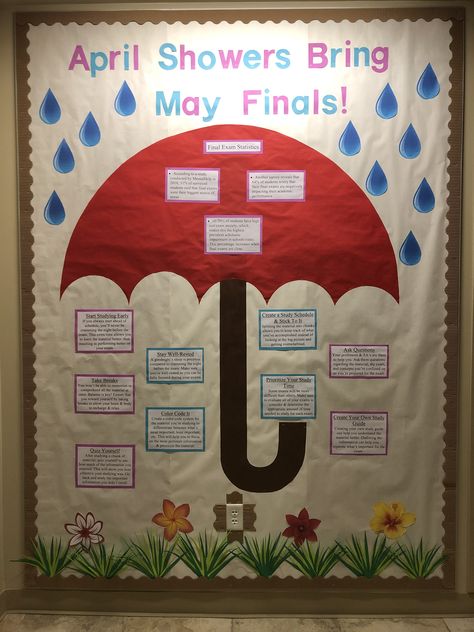 This bulletin board give different tips and tricks to perform well on residents' final exams! Finals Bulletin Board Ra, Finals Bulletin Board, Bulletin Board Ideas For Spring, April Bulletin Board Ideas, Resident Assistant Programs, Final Exam Study Tips, Spring Bulletin Board Ideas, Resident Assistant Door Decs, Dorm Bulletin Boards