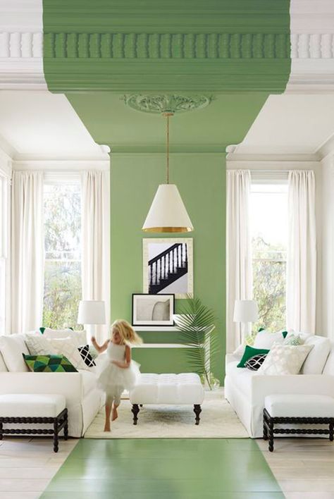 Greenery Pantone, Striped Ceiling, Colour Blocking Interior, Living Room Indian, Pantone 2017, Jungle Nature, Stripe Wall, Striped Walls, Colored Ceiling