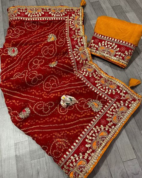 *✨New Arrivals ✨* *Beutiful Bandhej Chundri* *With Heavy Pita gottapati work all over saree and border with pallu rsamosa latkan* Fabrics:- Gerrogate bandhej Blouse:- Contrast yellow color malbari silk with work border WhatsApp 6377811829 Pink Saree, Pita, Yellow Color, Lehenga, Saree, Silk, Yellow, Fabric, Pink