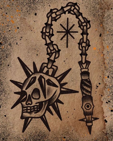 HARRY JESSE CHARLES | TATTOO on Instagram: “Skull flail. ☠️ Always love designing weapons. ⚫️” Flail Tattoo Design Traditional, Skull Flail Tattoo, Traditional Mace Tattoo Design, Flail Tattoo American Traditional, Traditional Flail Tattoo, Trad Skull Tattoo, Mace Tattoo Design, Flail Tattoo Design, Mace Tattoo