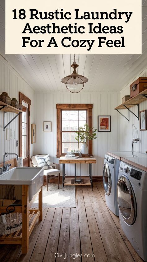 Achieve a cozy and inviting laundry space with these 18 rustic aesthetic ideas. From natural wood finishes to vintage-inspired decor, create a charming room that feels warm and functional. European Farmhouse Laundry Room, Laundry Aesthetic, Cottage Laundry, Storage Laundry Room, Cottage Laundry Room, Laundry Space, Laundry Room Ideas, Rustic Aesthetic, Vintage Inspired Decor