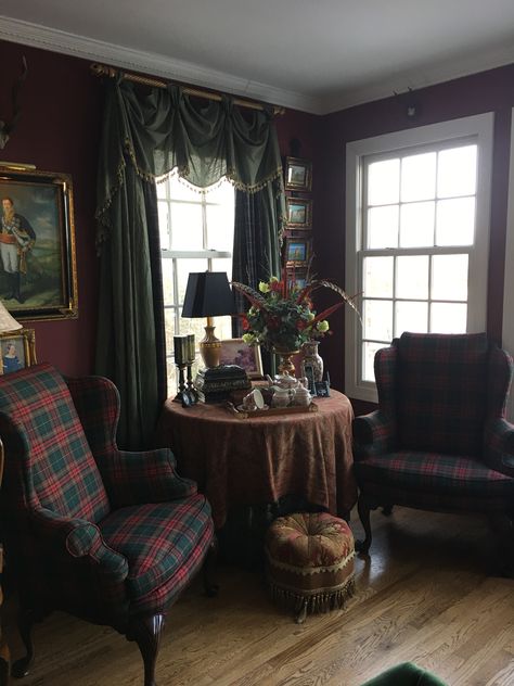 Tartan Home Decor, Tartan Living Room, Scottish Interior Design, Scottish Living Room, British Living Room, Scottish Bedroom, Tartan Chair, Plaid Living Room, Cosy Dining Room