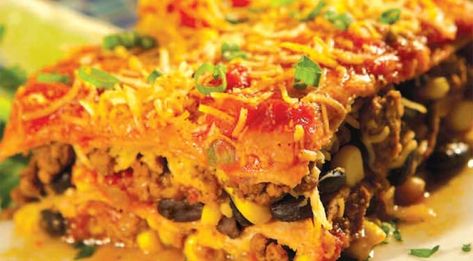 Easy Tex Mex Lasagna Tex Mex Lasagna, Taco Lasagna, Ground Beef Rice, Mexican Lasagna, Tortilla Shells, Beef Rice, Vegetarian Lasagna, Healthy Mexican, Rice And Beans