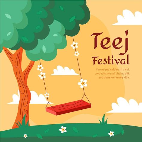 Teej Festival Invitation Cards, Teej Invite Template, Teej Festival Drawing Ideas, Teej Invite, Happy Teej, Teej Festival, Festival Illustration, Flower On Head, Indian Illustration