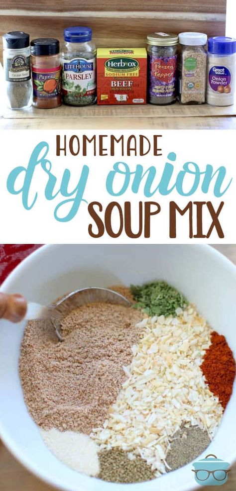 This is a deliciously easy Homemade Dry Onion Soup Mix recipe. Control the sodium, MSG and gluten that goes into your diet with this do-it-yourself recipe! Homemade Dry Onion Soup Mix Recipe, Dry Onion Soup Mix Recipe, Dried Onion Soup Mix Recipes, Soup Onion, Onion Soup Mix Recipe, Dry Soup Mix, Homemade Dry Mixes, Food Homemade, Low Sodium Recipes