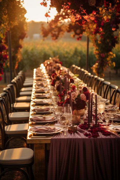 Burgundy Place Setting Wedding, 200 Person Wedding Seating, Burgundy Decorations Party, Grape Wedding Theme, Burgundy Table Setting, Wine Wedding Theme, Winery Aesthetics, Red Wine Wedding, Wedding Decor Burgundy