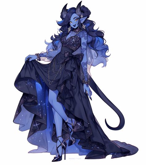 Celestial Tiefling, Blue Tiefling Woman, Tiefling Character Art, Dnd Dress, Female Character Inspiration, Pretty Drawings, Dnd Art, Fantasy Monster, Fantasy Inspiration