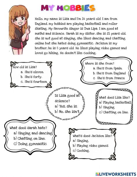 Hobbies Reading Comprehension, Hobby Reading, Simple Present Tense Worksheets, English Reading Skills, Puzzle English, Reading Comprehension For Kids, Free Time Activities, Simple Present Tense, Virtual Class