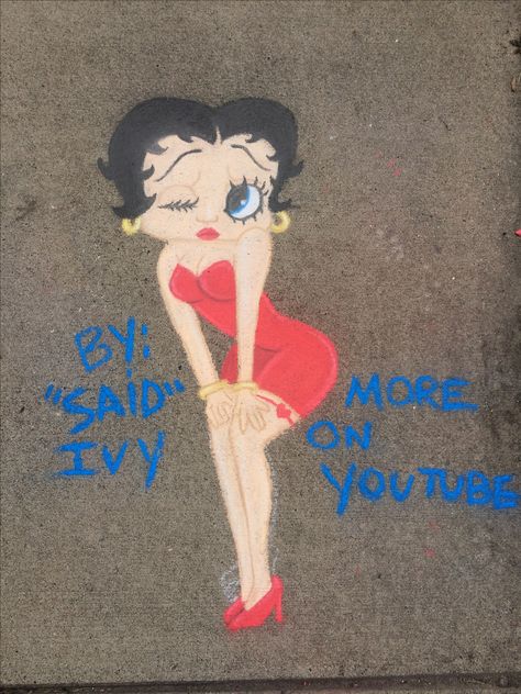 Betty Boop. Sidewalk chalk art. Drawn by: "said" ivy. Princess Chalk Art, Chalk Art Disney, Chalk Art Ideas Disney, Ariel Chalk Art, Chalk Art Disney Characters, Easy Chalk Drawings, Sidewalk Chalk Art, Chalk Drawings, Sidewalk Chalk