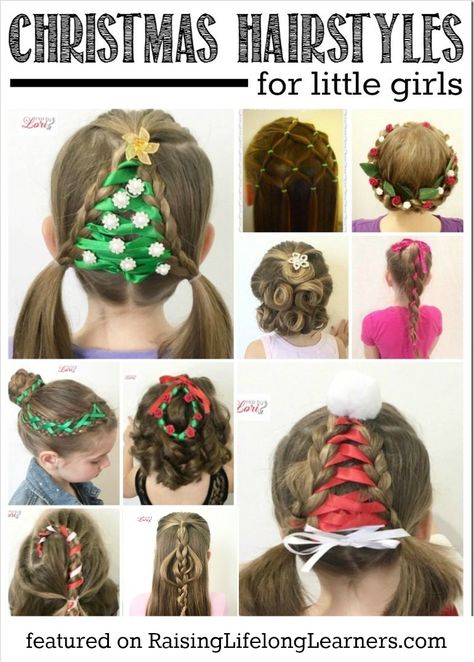 Even the most novie hairstylist can tackle these 20 easy Christmas hairstyles for little girls... which is your favorite? I love the Christmas tree... Different Haircuts For Girls, Easy Christmas Hairstyles, Holiday Hairstyles Easy, Cool Haircuts For Girls, Christmas Party Hairstyles, Easy Little Girl Hairstyles, Easy Hairstyles For Kids, Girl Hair Dos, Girls Hairstyles Easy