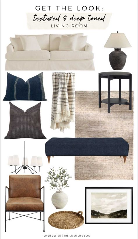 Moody Living Room White Sofa, Navy Black Cream Living Room, Grey Jute Rug Living Rooms, Neutral With Navy Living Room, Beige Navy Living Room, Neutral Sofa Living Room Color Schemes, Taupe And Navy Living Room, Navy And Leather Living Room, Navy And Tan Living Room