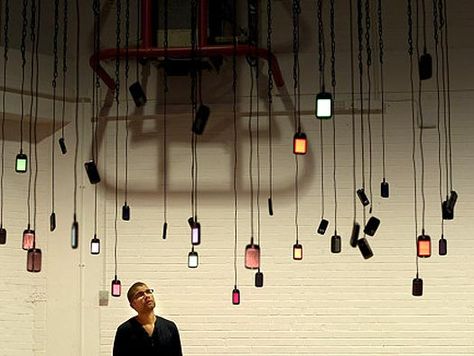 Recontextualized Mobile Art Installation, Mobile Installation, Mobiles Art, Installation Interactive, Hanging Installation, Interactive Installations, Brain Pickings, Phone Hanging, Radio Interview