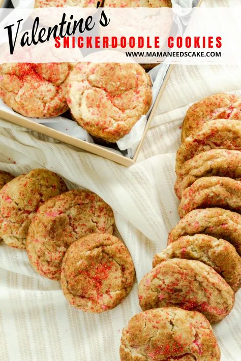 Classic snickerdoodle cookies with a Valentine's Day spin!  These cookies are rolled in a cinnamon-sugar mixture and red sanding sugar. #valentinesday #cookies #valentinescookies #cinnamon #vday #cookiegifts #ediblegifts #sprinkles #galentines Sanding Sugar, Holiday Baking Recipes, Snickerdoodle Cookies, Cookie Calories, Cinnamon Flavor, Snickerdoodles, Fine Food, Cinnamon Sugar, Please Wait