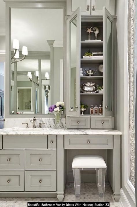 Stylish 30+ Beautiful Bathroom Vanity Ideas With Makeup Station Bathroom Vanity With Makeup, Built In Bathroom Vanity, Vanity With Makeup, Beautiful Bathroom Vanity, Shower Remodel Diy, Small Shower Remodel, Makeup Station, Best Bathroom Vanities, Vanity Ideas